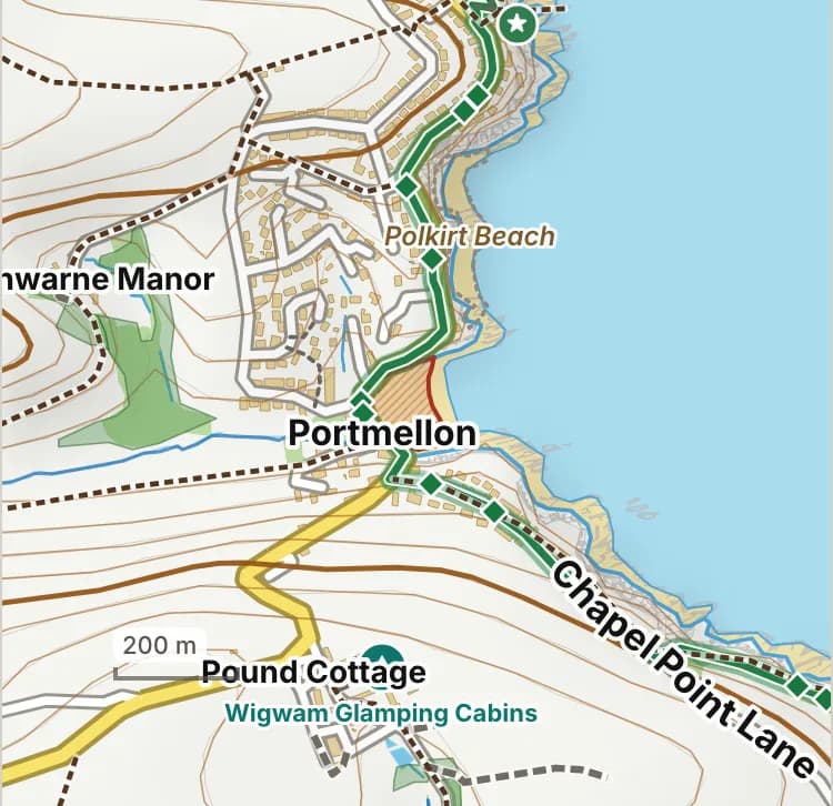 Map of Portmellon Cove: the stretch where dogs are banned 1 July to 31 August is hatched in brick. Beaches we have not placed an order on are outlined in grey dots, and say nothing about dogs.