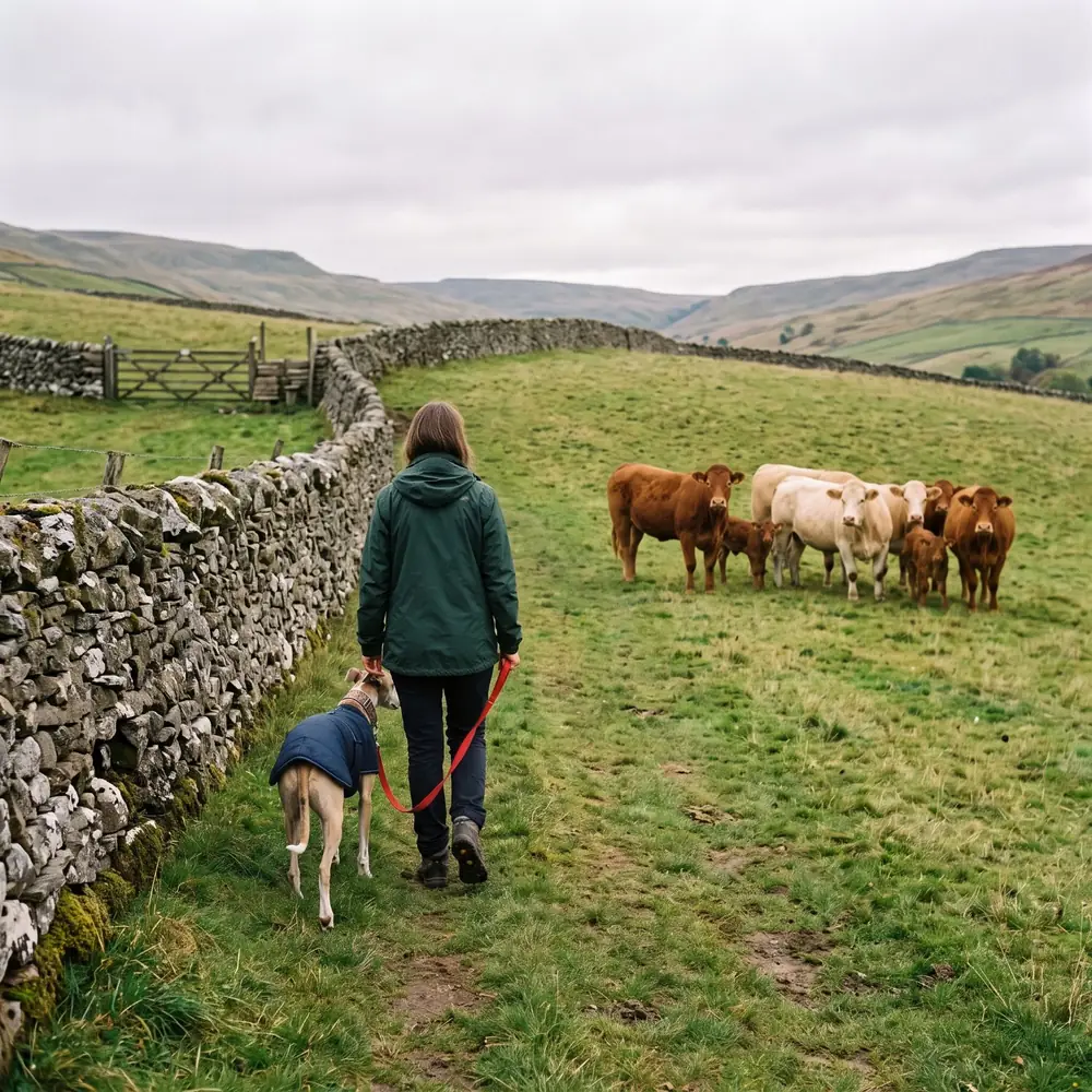 A whippet on a short lead by a dry-stone wall at the edge of a field, cows and calves watching