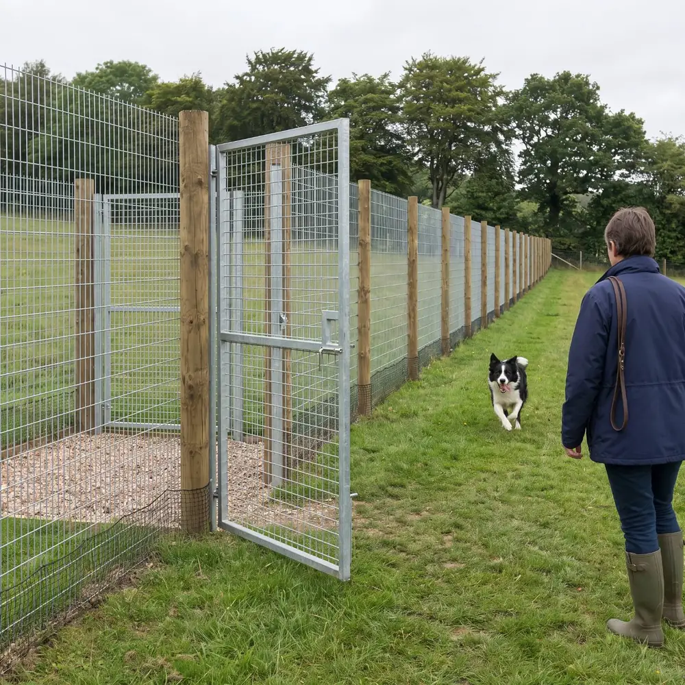 A border collie running across a grass field towards its owner, beside a tall mesh fence and an open gate to the entrance pen