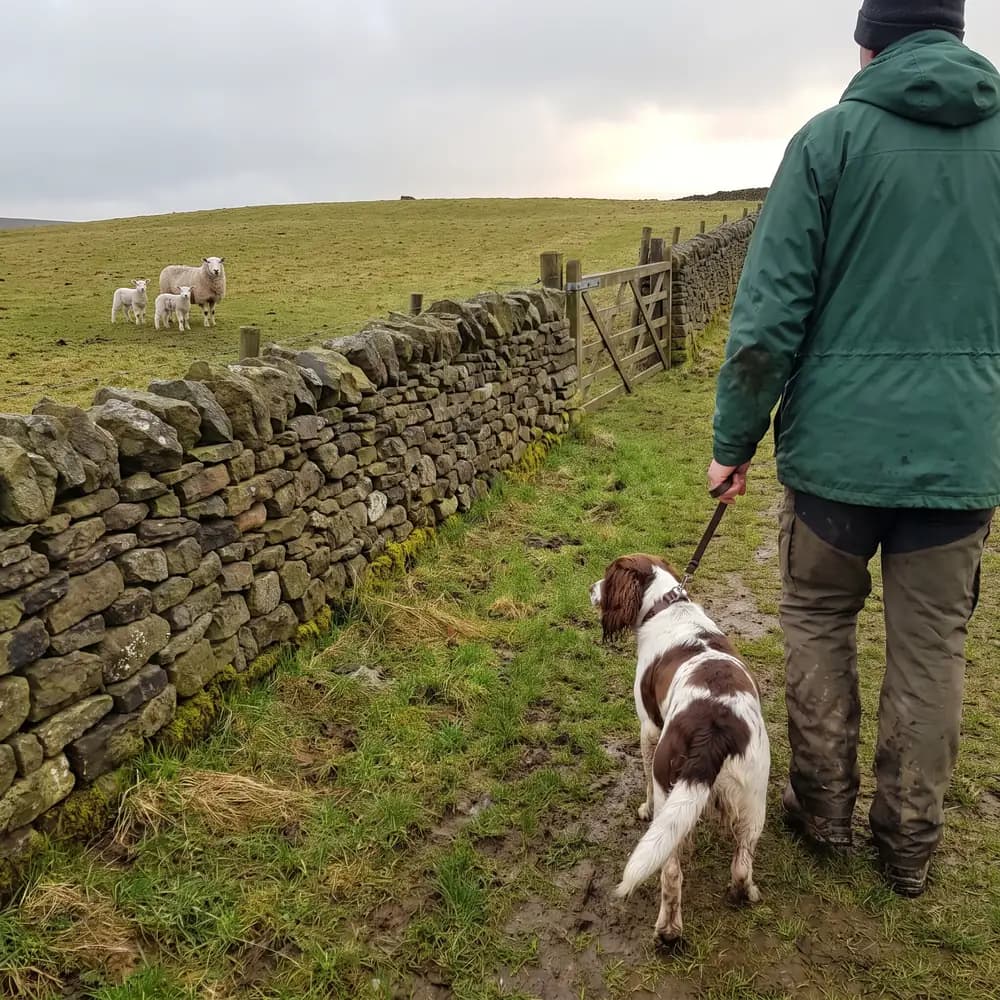A springer spaniel on a short lead beside a dry-stone wall, a ewe and two lambs in the field beyond