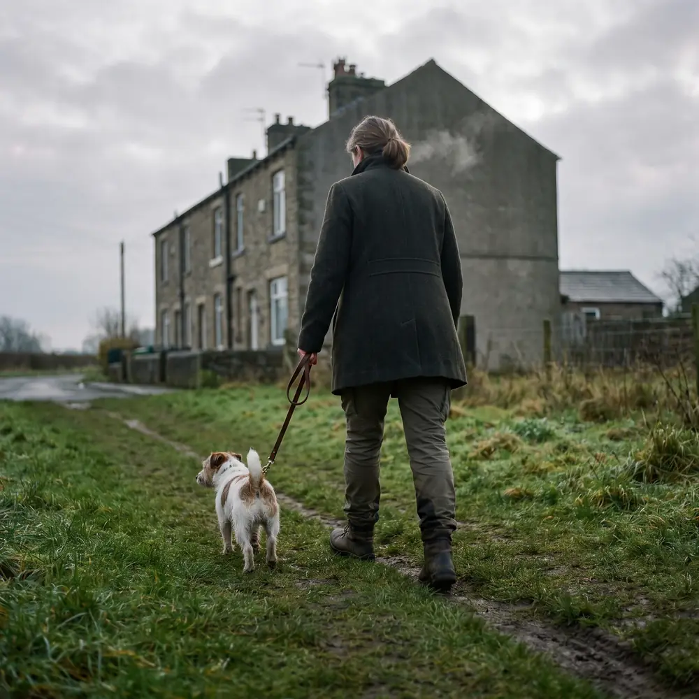 A jack russell on a lead in early morning light at the end of a street