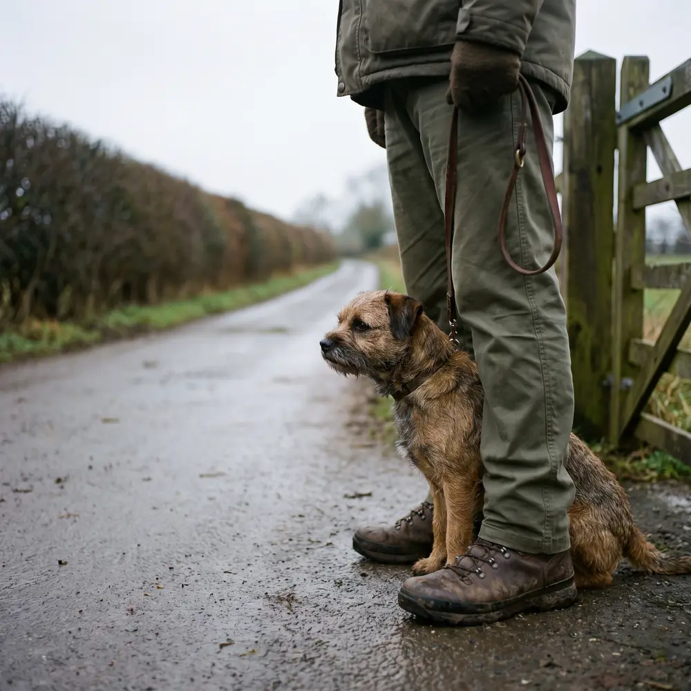 A border terrier waiting at a gate beside a bridleway