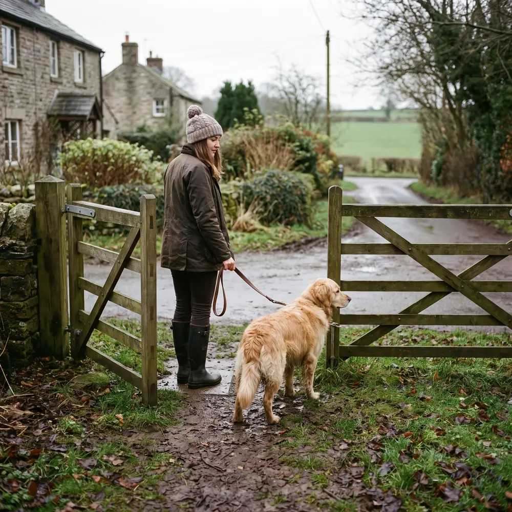 A young woman taking a borrowed dog out of a garden gate