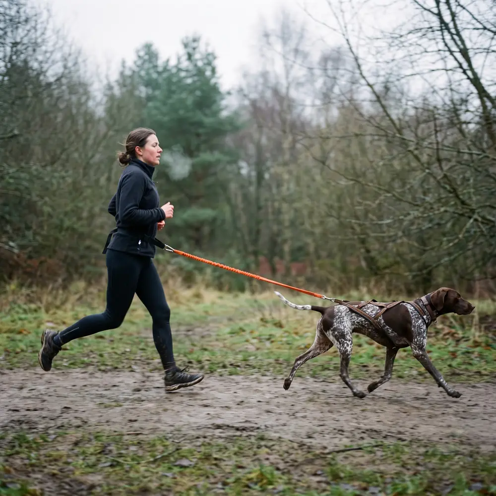 A runner and a dog in a canicross harness on a trail