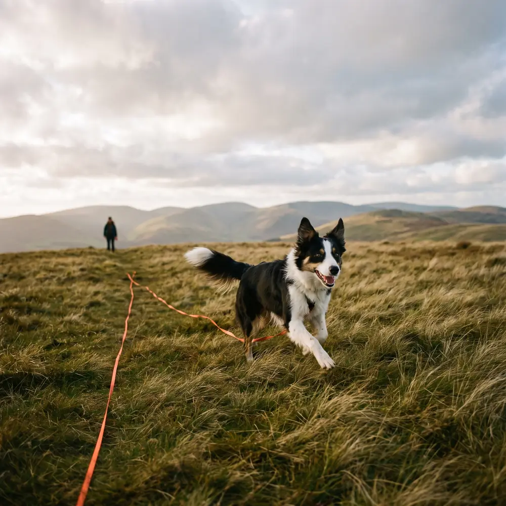 A border collie running on open hillside