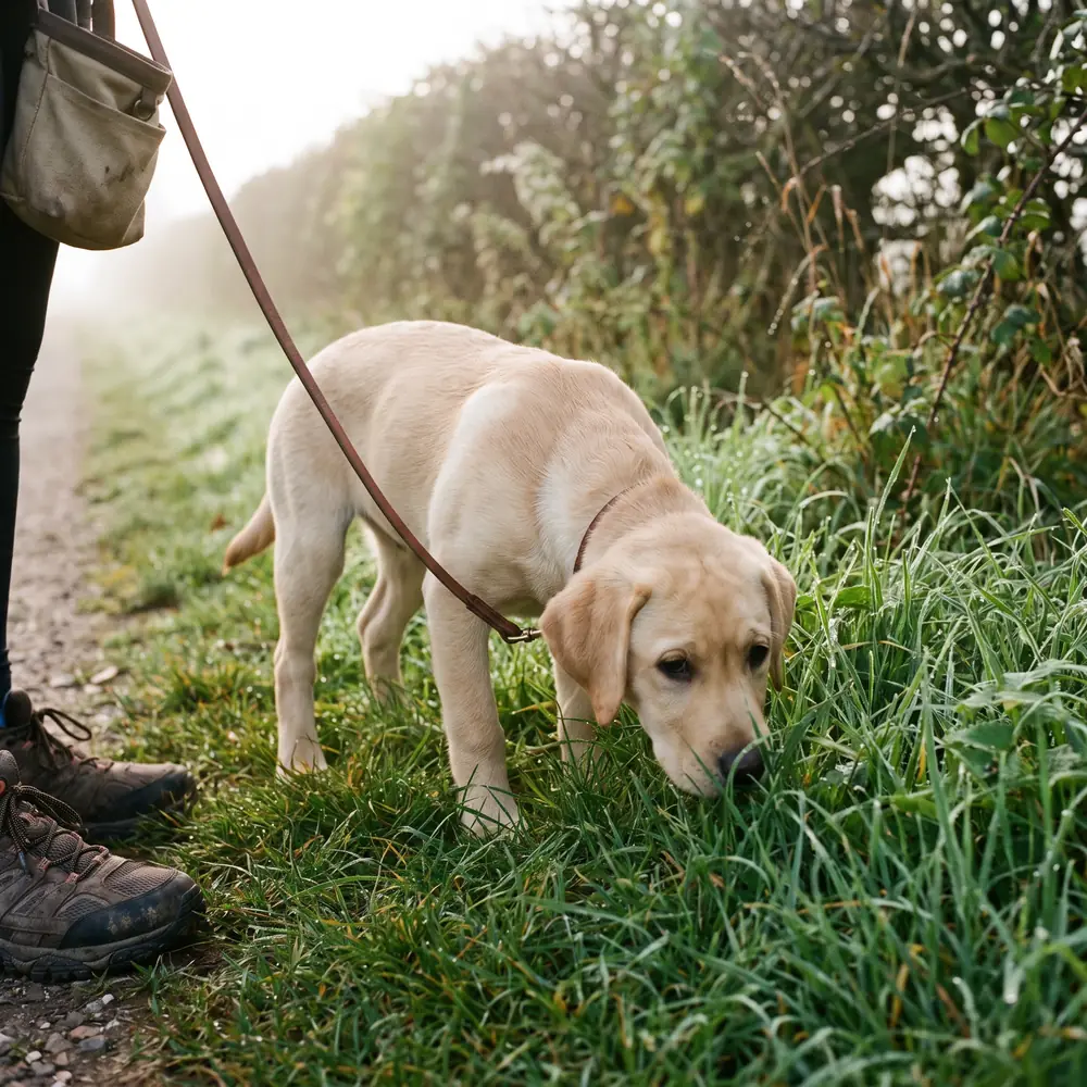 A labrador puppy on a short lead on a grassy path
