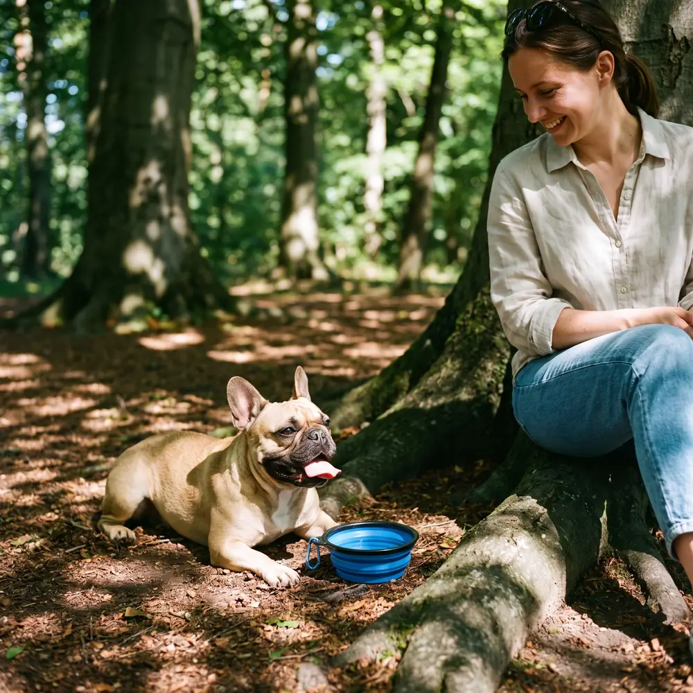 A French bulldog resting in the shade of trees
