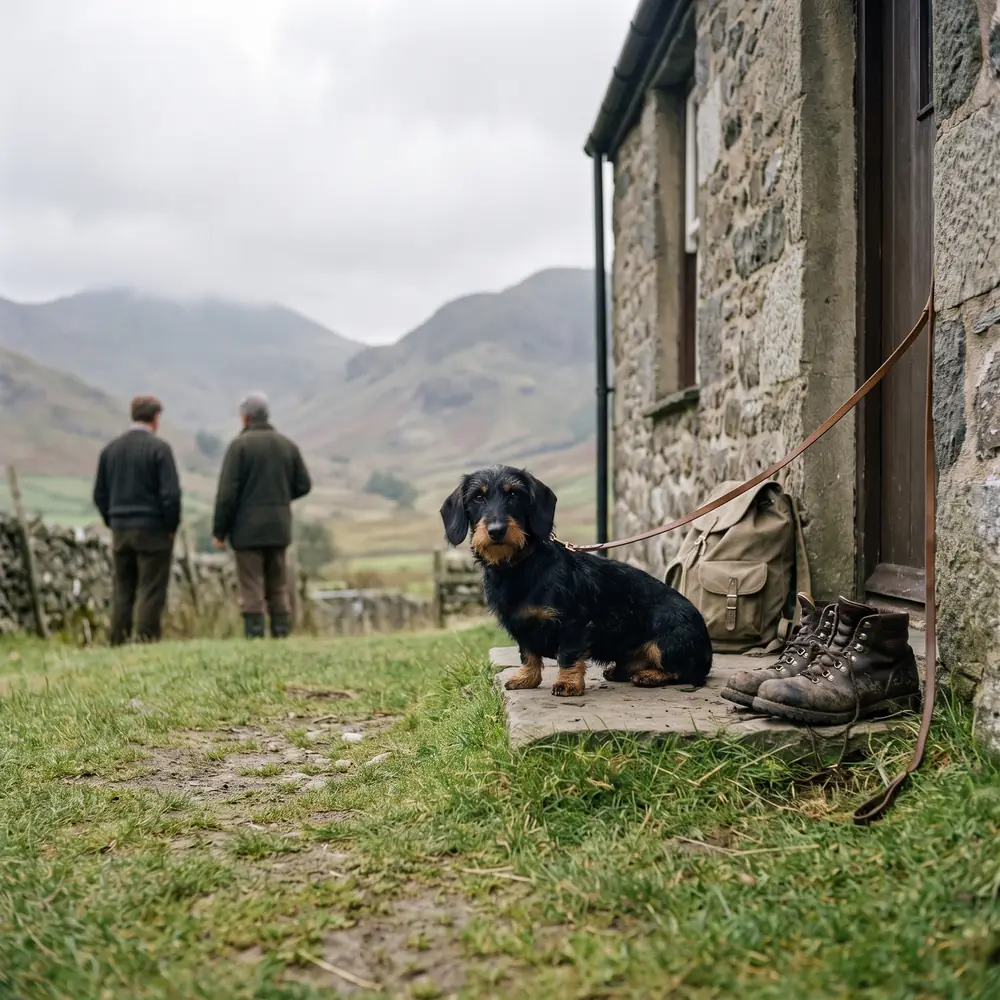 A dog on the doorstep of a holiday cottage in the hills