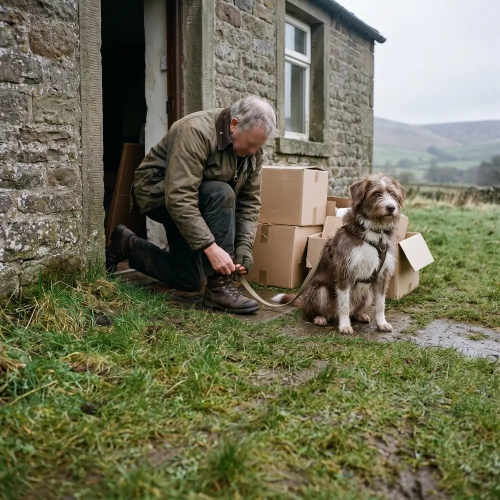 A dog on a lead beside moving boxes at an open front door