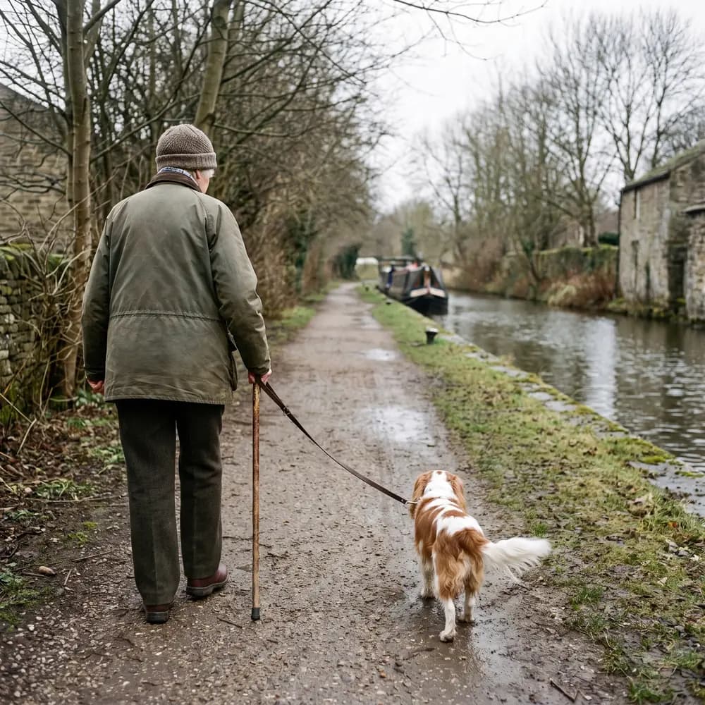 An older woman with a walking stick and a cavalier on a level path