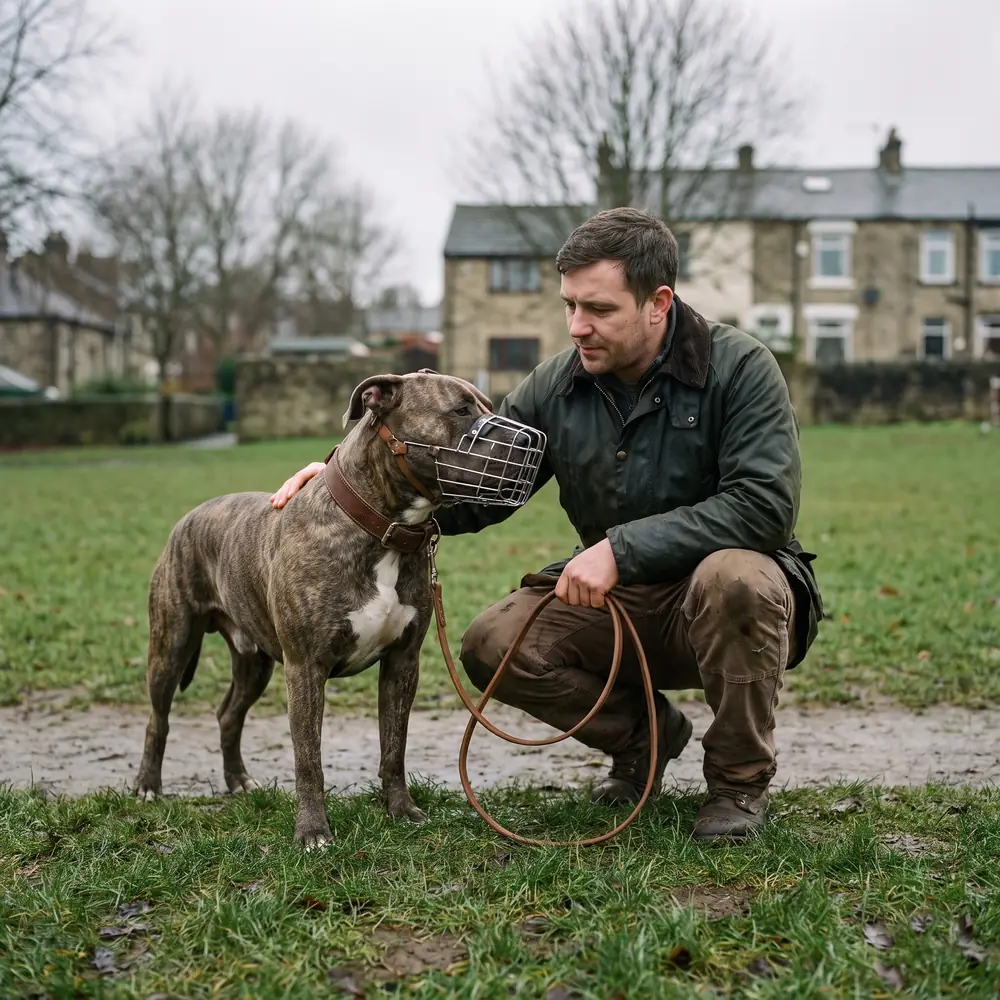 A calm XL bully in a well-fitted basket muzzle on a lead in a field