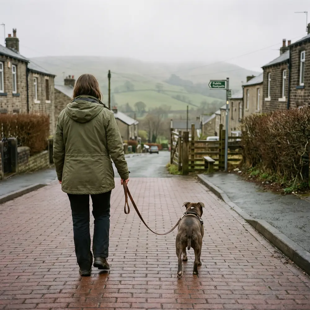 A dog and owner setting off along a terraced street towards green hills