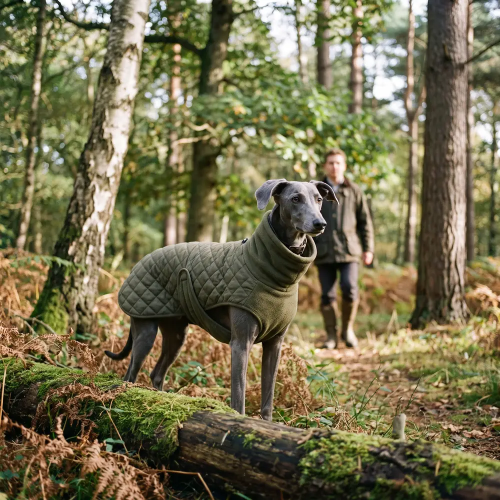A lurcher in a quiet woodland clearing