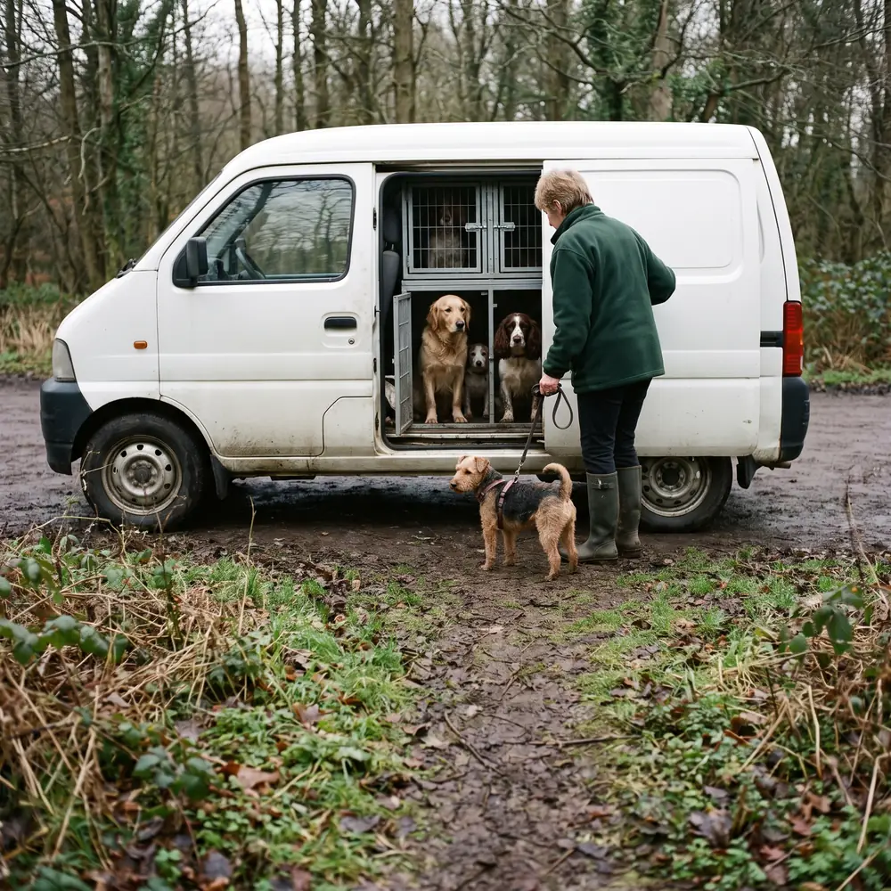 A professional dog walker opening a van with several dogs inside