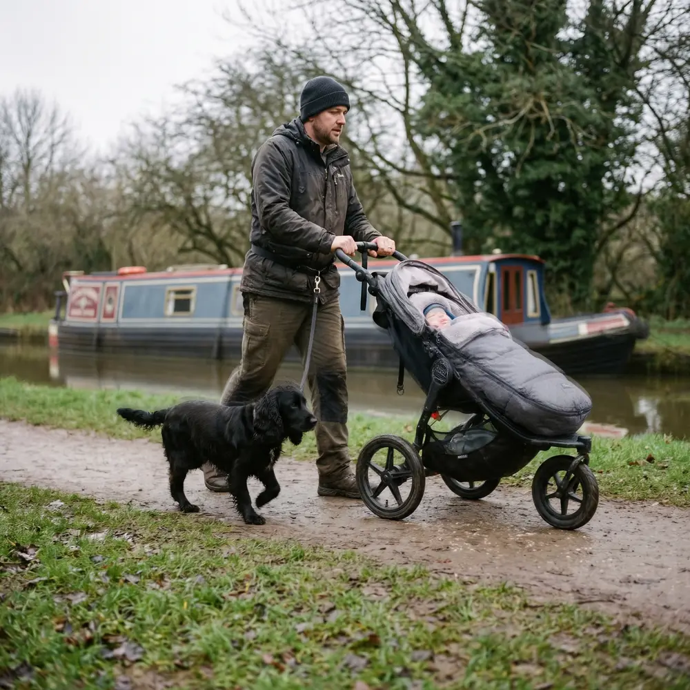 A parent pushing a pram along a towpath with a spaniel alongside
