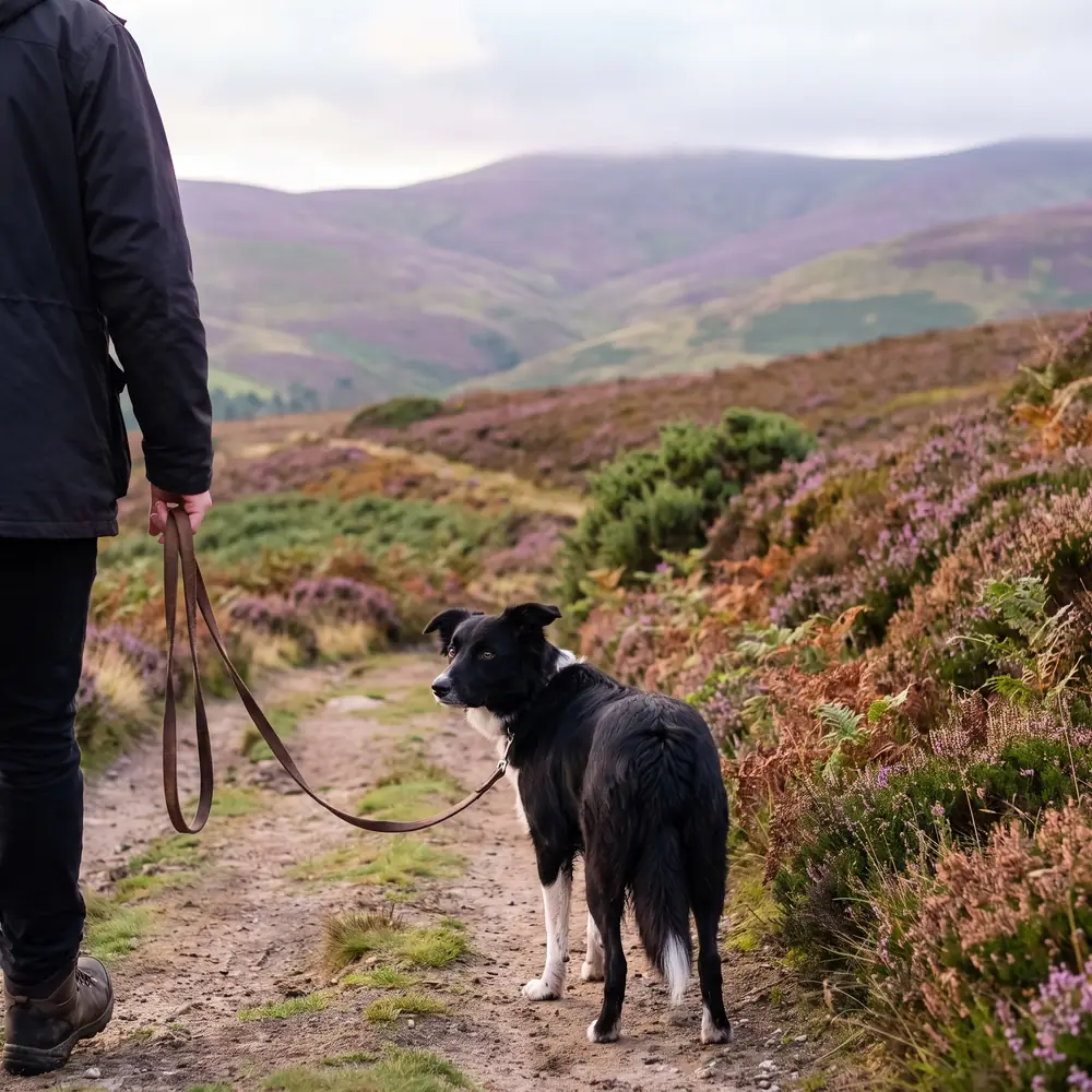 A collie cross on a lead on an empty moorland path