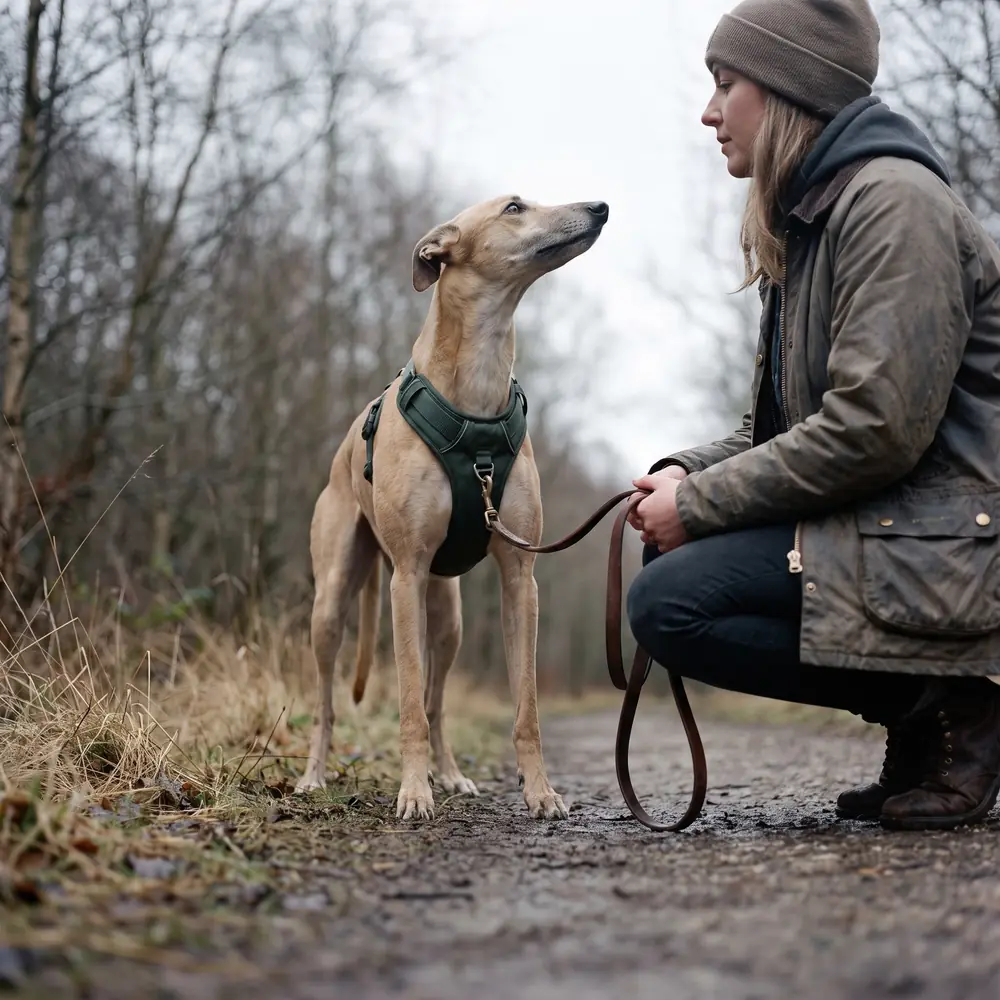 A rescue greyhound in a new harness on a woodland path