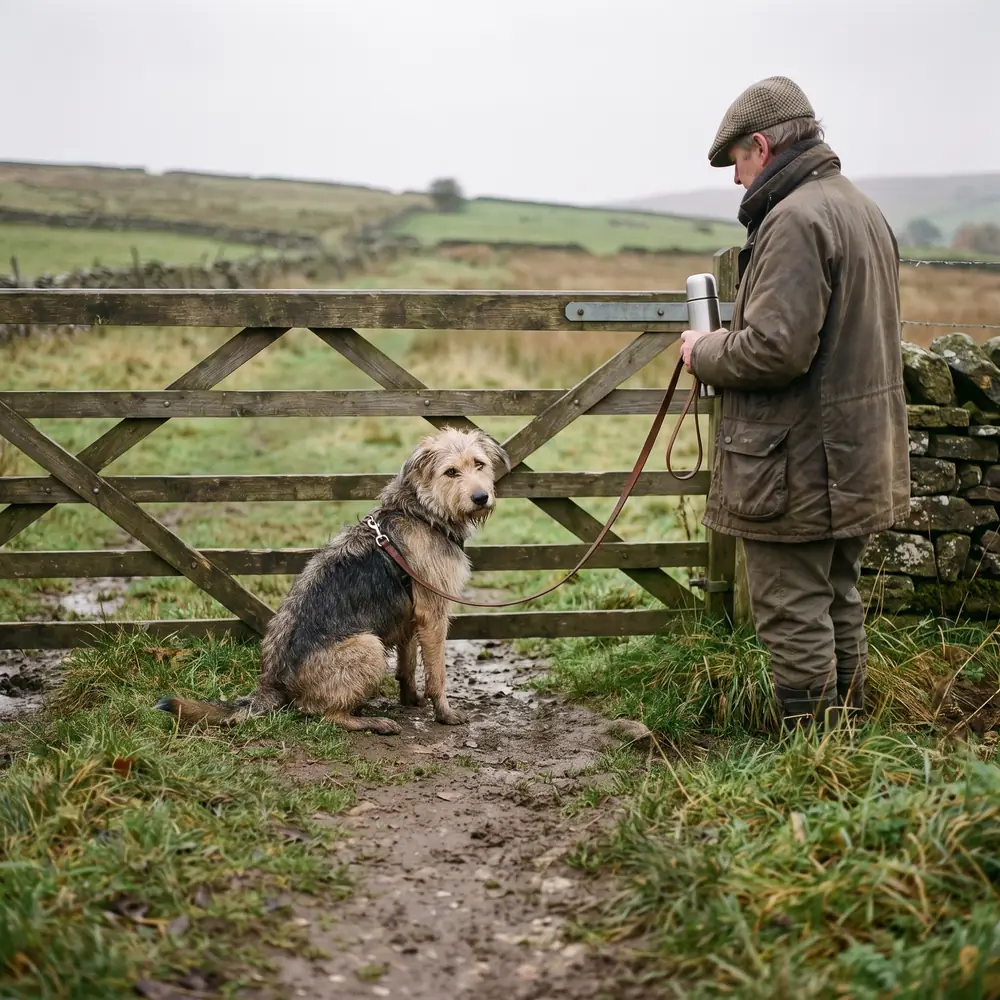 A dog looking back at its owner at a familiar field gate