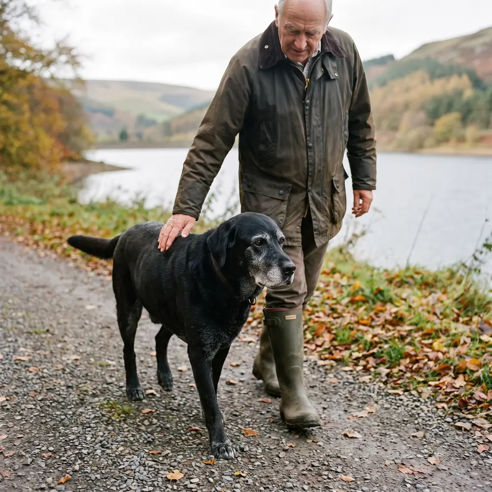 An older labrador with a grey muzzle on a firm track
