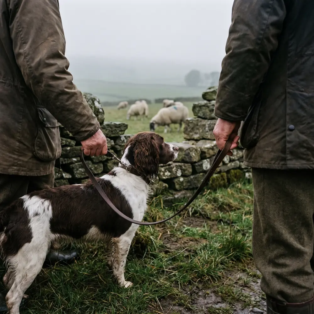 A springer spaniel on a lead by a dry-stone wall, sheep in the field beyond