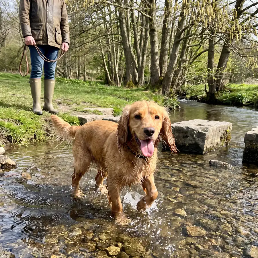 A cocker spaniel wading in a shallow beck