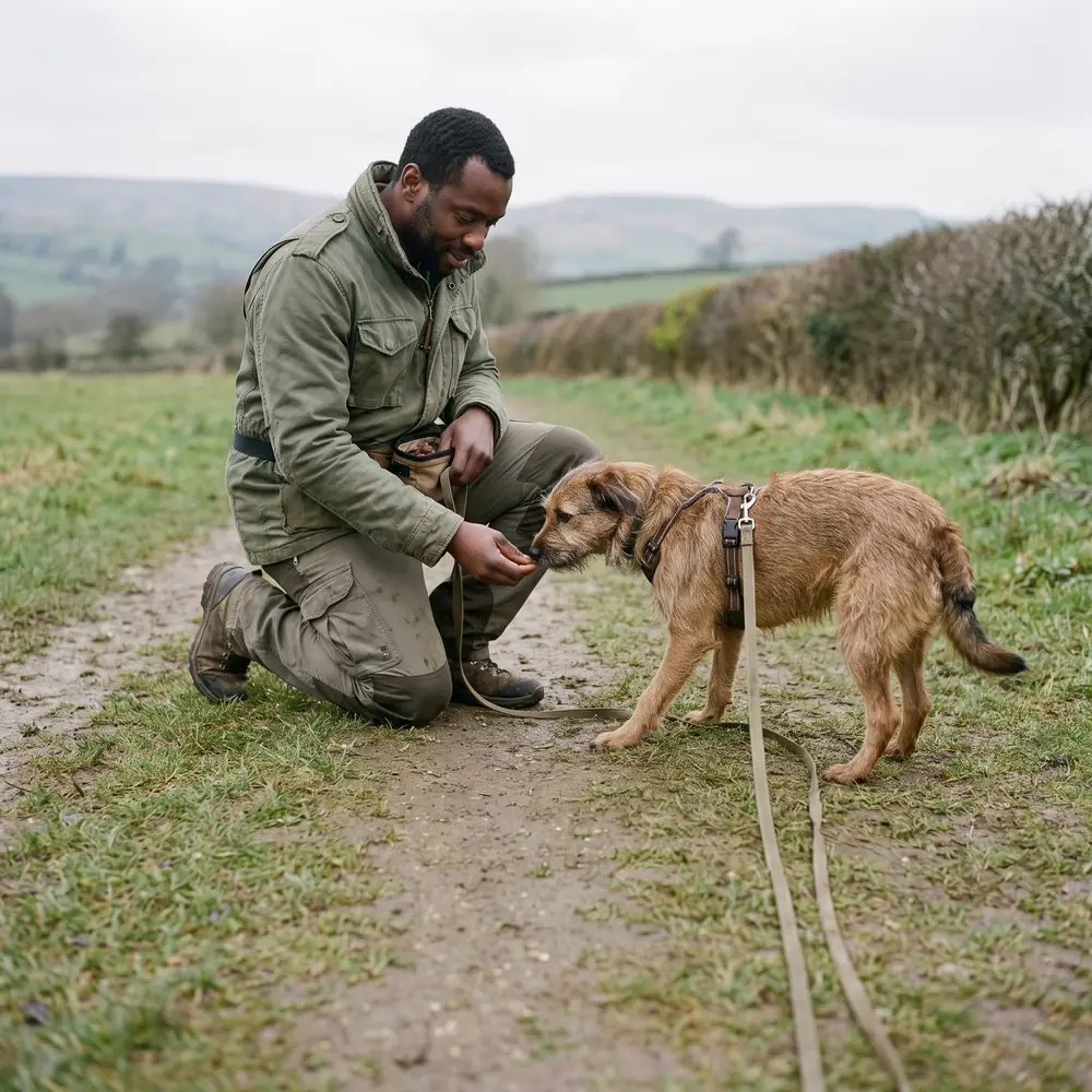 A dog trainer kneeling beside a nervous dog on a lead