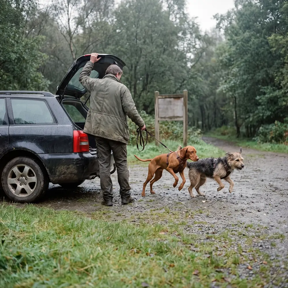 Two dogs jumping out of an open car boot at a car park by woods