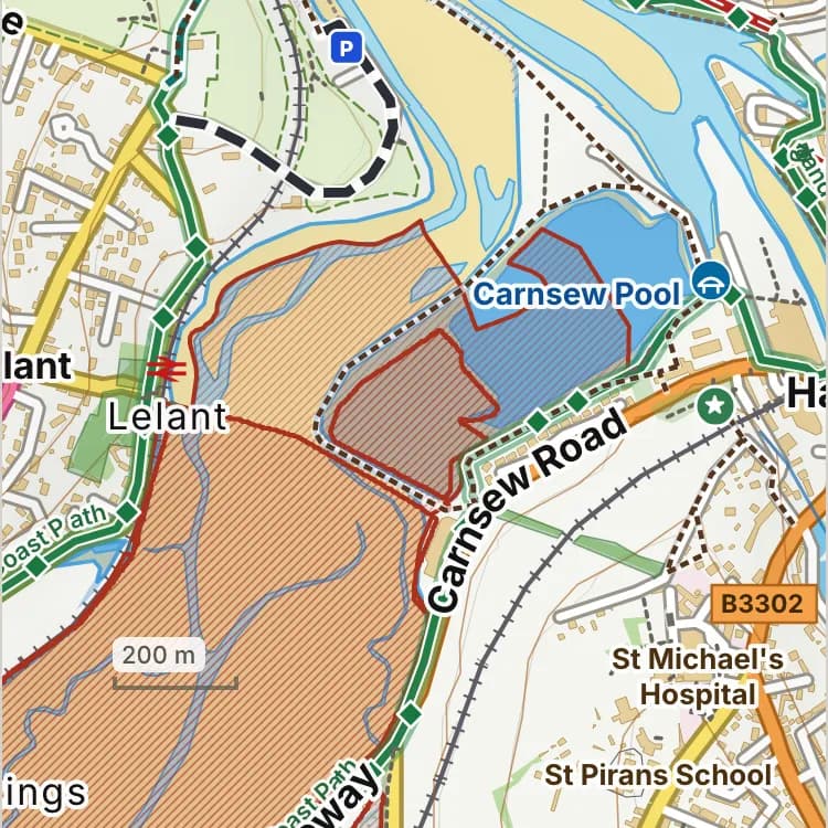 Map of Carnsew Pool: the stretch where dogs are banned all year is hatched in brick.