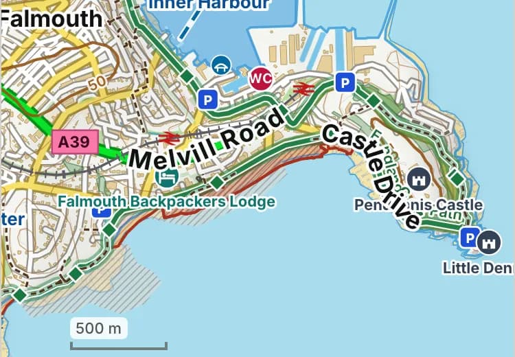 Map of Castle Beach: the stretch where dogs are banned 1 July to 31 August is hatched in brick.