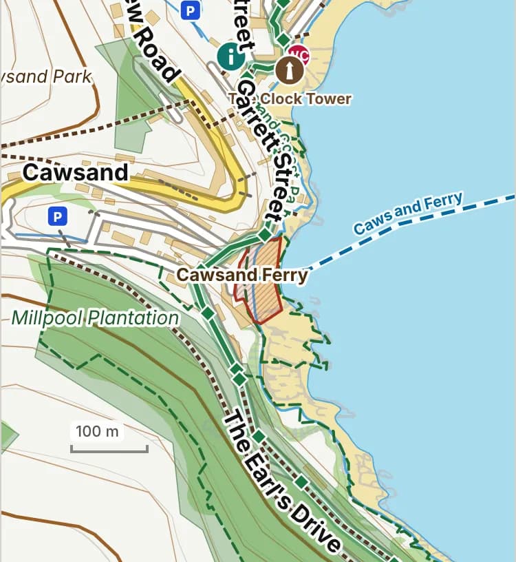 Map of Cawsand Beach: the stretch where dogs are banned 1 July to 31 August is hatched in brick.