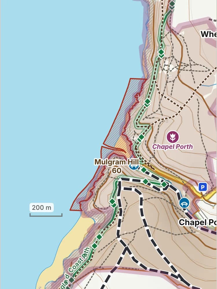 Map of Chapel Porth Beach: the stretch where dogs are banned 1 July to 31 August is hatched in brick.