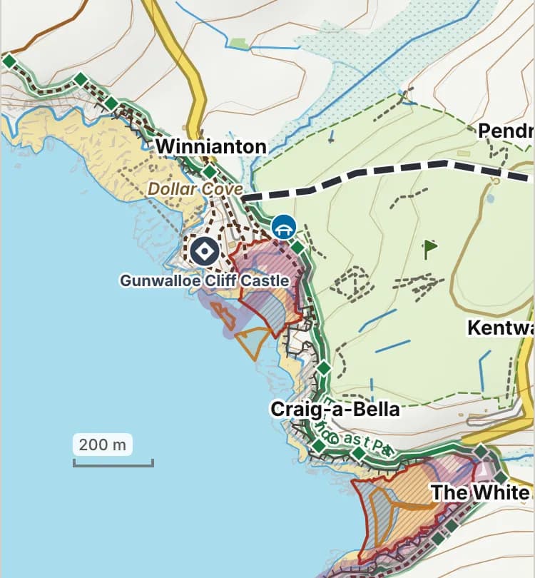 Map of Church Cove, Gunwalloe: the stretch where dogs are banned 1 July to 31 August is hatched in brick. Beaches we have not placed an order on are outlined in grey dots, and say nothing about dogs.