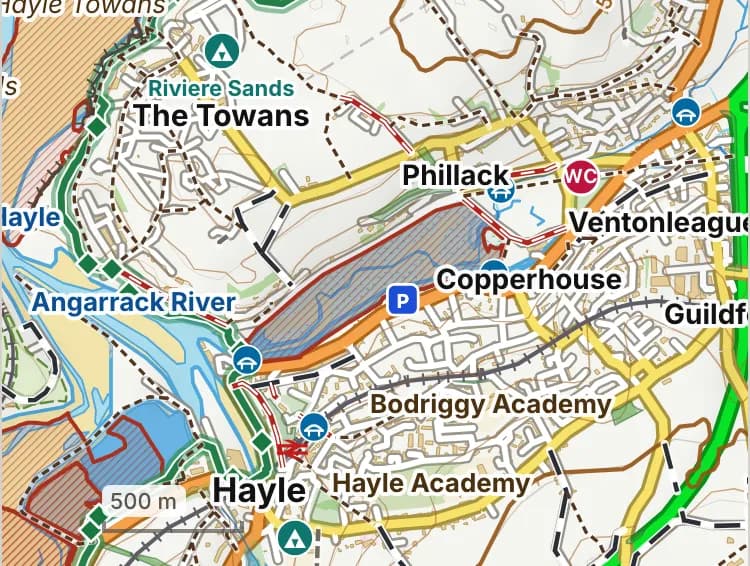 Map of Copperhouse Pool: the stretch where dogs are banned all year is hatched in brick.