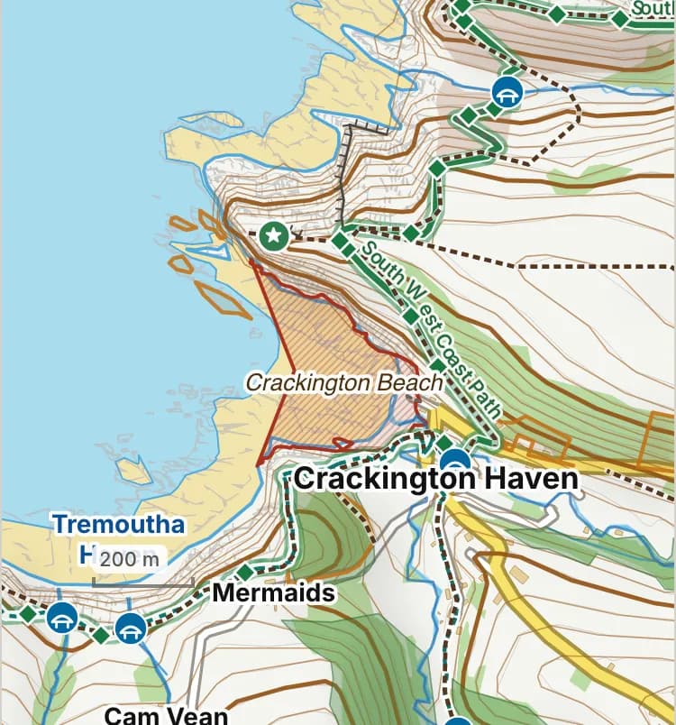 Map of Crackington Haven: the stretch where dogs are banned 15 May to 30 September is hatched in brick.