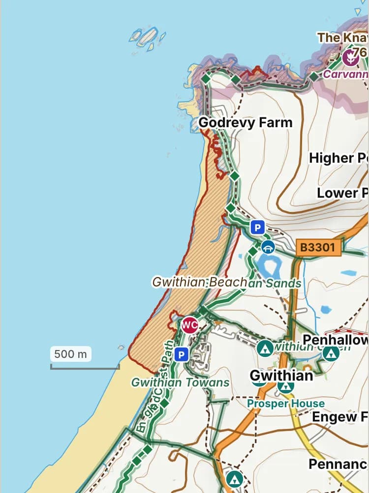 Map of Gwithian to Godrevy: the stretch where dogs are banned 1 July to 31 August is hatched in brick.