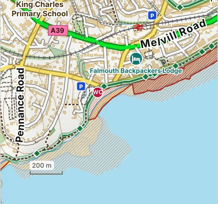 Map of Gyllyngvase Beach: the stretch where dogs are banned 15 May to 30 September is hatched in brick.