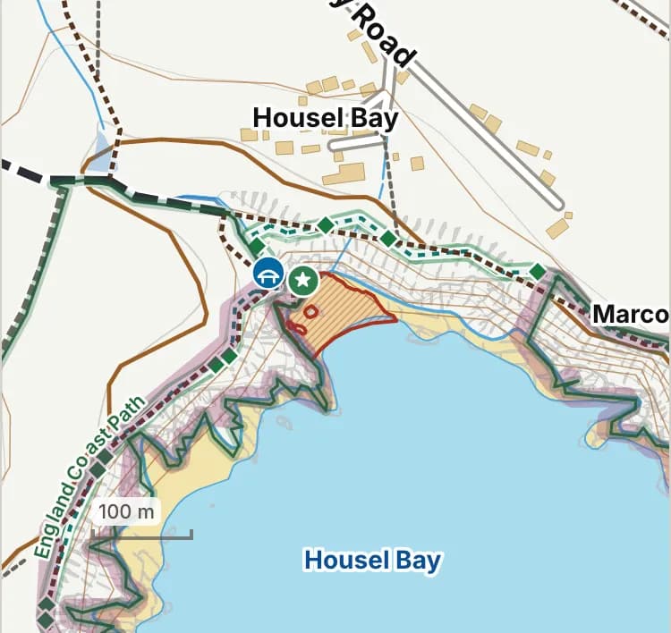Map of Housel Bay: the stretch where dogs are banned 1 July to 31 August is hatched in brick.