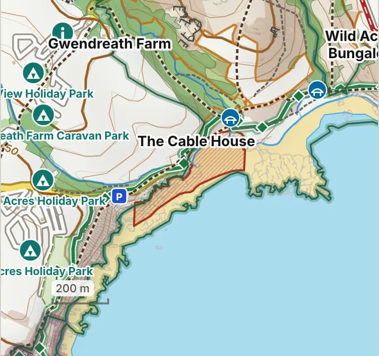 Map of Kennack Sands: the stretch where dogs are banned 1 July to 31 August is hatched in brick.
