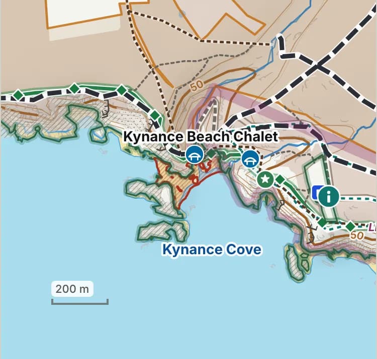 Map of Kynance Cove: the stretch where dogs are banned 1 July to 31 August is hatched in brick.