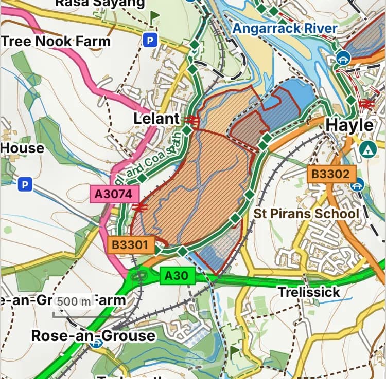 Map of Lelant Saltings: the stretch where dogs are banned all year is hatched in brick.