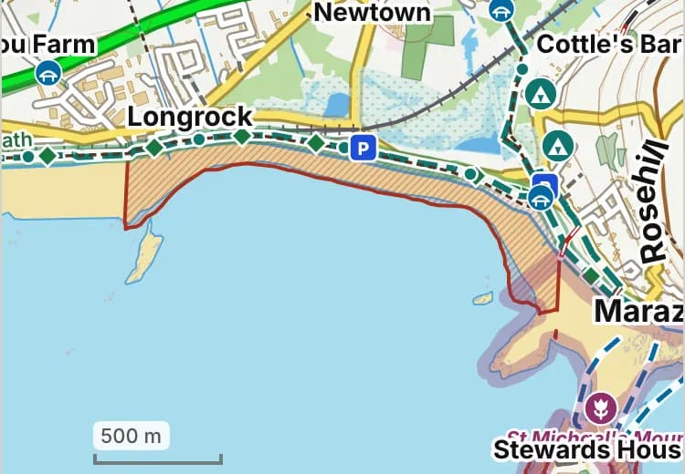 Map of Longrock to Marazion: the stretch where dogs are banned 1 July to 31 August is hatched in brick.
