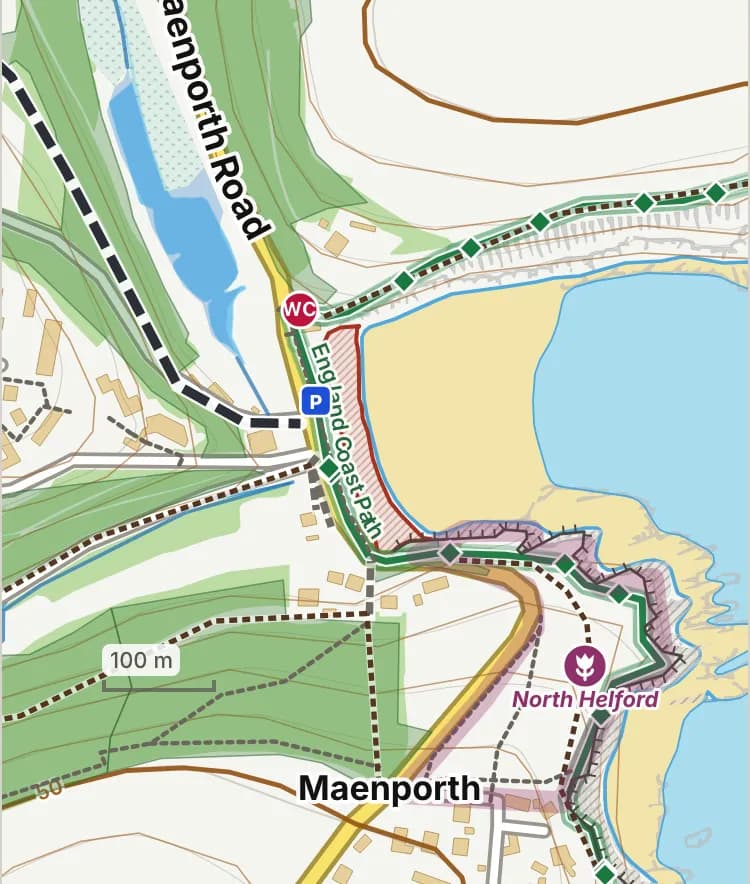 Map of Maenporth Beach: the stretch where dogs are banned 1 July to 31 August is hatched in brick.