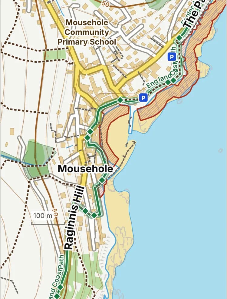 Map of Mousehole harbour: the stretch where dogs are banned 1 July to 31 August is hatched in brick.