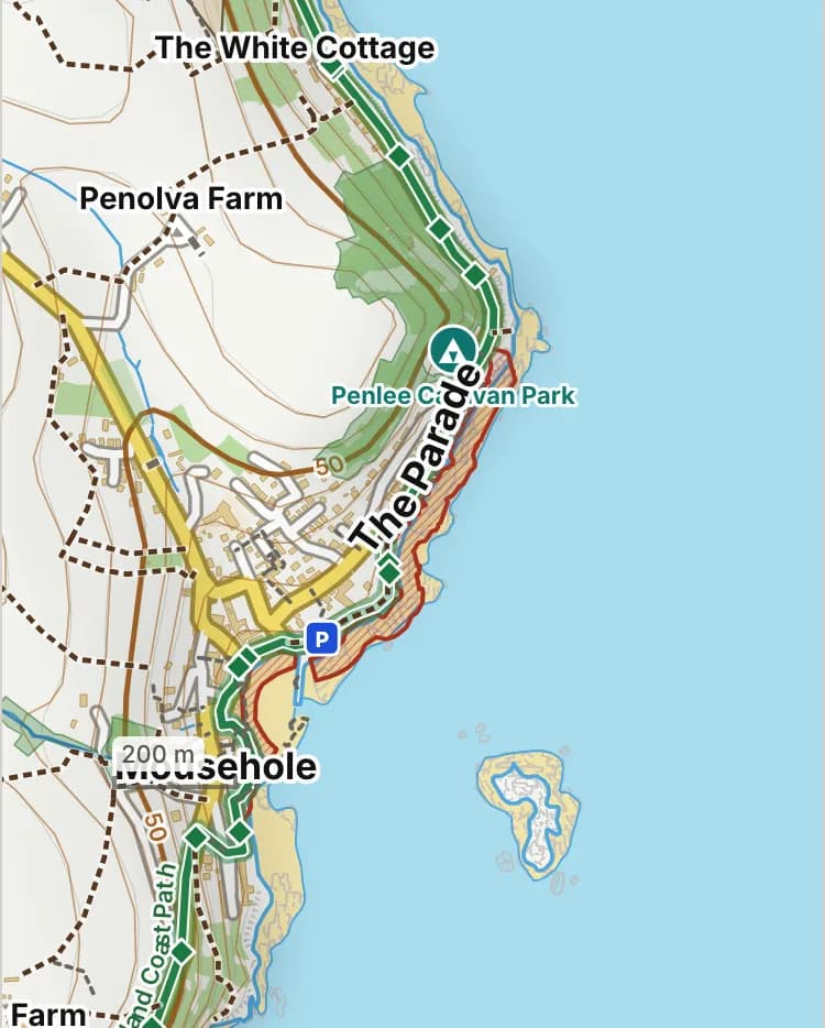 Map of North Cliff to Penlee: the stretch where dogs are banned 1 July to 31 August is hatched in brick.