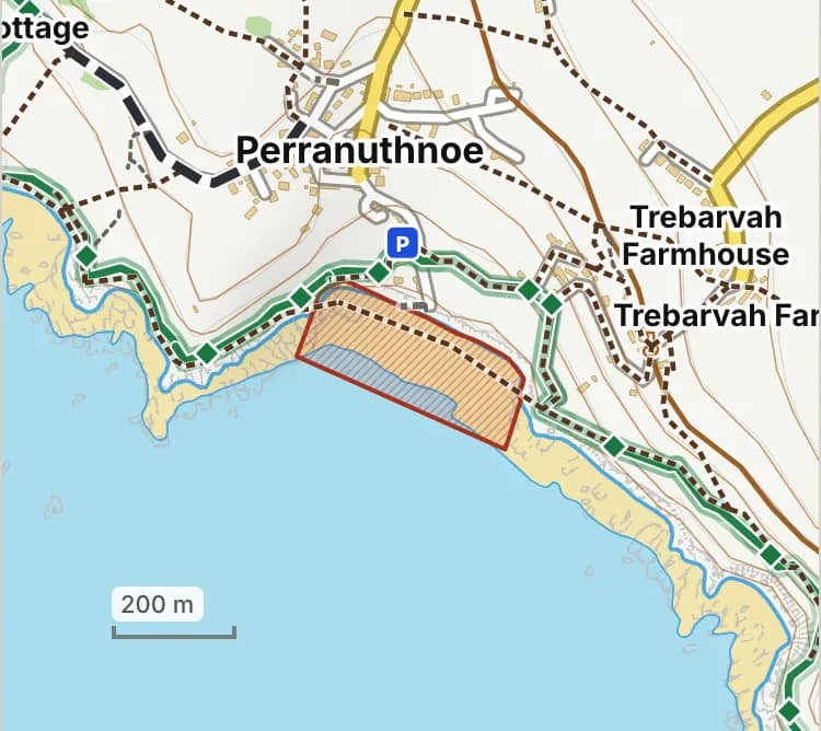 Map of Perranuthnoe beach: the stretch where dogs are banned 1 July to 31 August is hatched in brick.