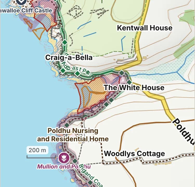 Map of Poldhu Beach: the stretch where dogs are banned 1 July to 31 August is hatched in brick.