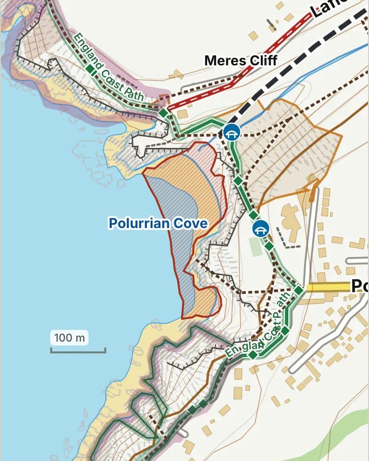 Map of Polurrian Cove: the stretch where dogs are banned 1 July to 31 August is hatched in brick.