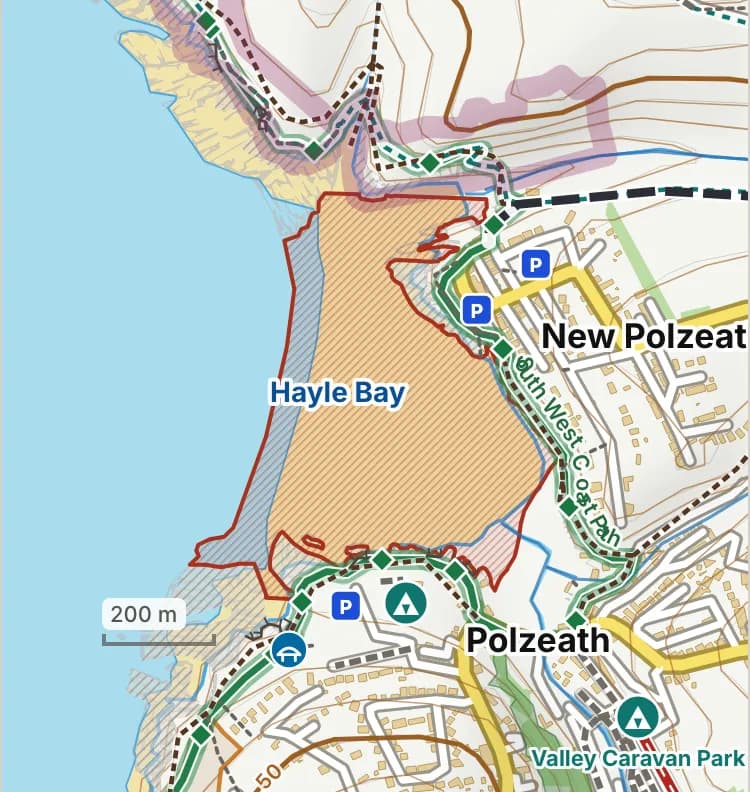 Map of Polzeath Beach: the stretch where dogs are banned 15 May to 30 September is hatched in brick.