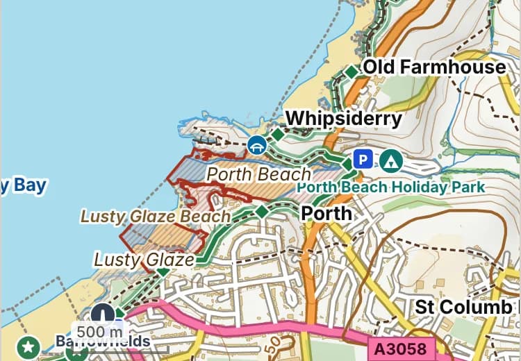 Map of Porth Beach: the stretch where dogs are banned 1 July to 31 August is hatched in brick. Beaches we have not placed an order on are outlined in grey dots, and say nothing about dogs.