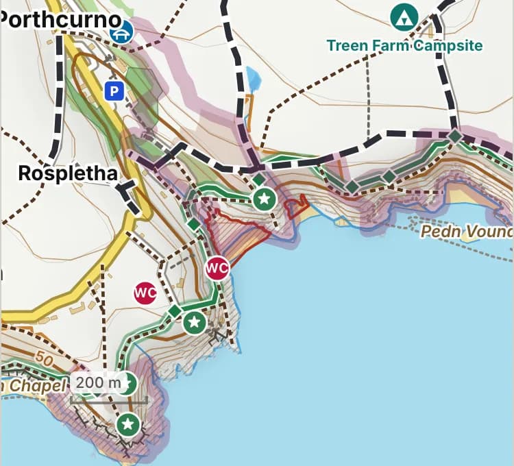 Map of Porthcurno Beach: the stretch where dogs are banned 1 July to 31 August is hatched in brick. Beaches we have not placed an order on are outlined in grey dots, and say nothing about dogs.